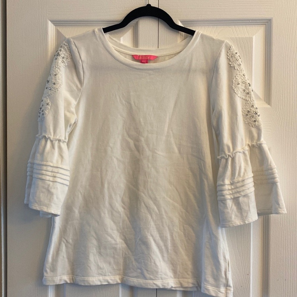 Lilly Pulitzer Etta Bell Sleeve Top Womens Size S White Lace Cotton Preppy